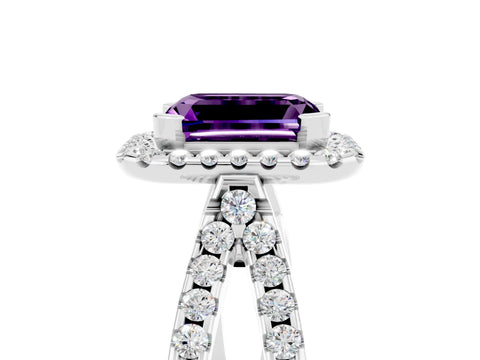 White gold Emerald Cut Amethyst Halo Ring with Split Shank Pavé Band and Prong Setting_5