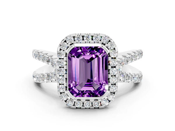 White gold Emerald Cut Amethyst Halo Ring with Split Shank Pavé Band and Prong Setting