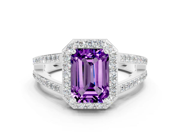 Platinum Emerald Cut Amethyst Halo Ring with Split Shank U-Prong Band and Four-Prong Setting