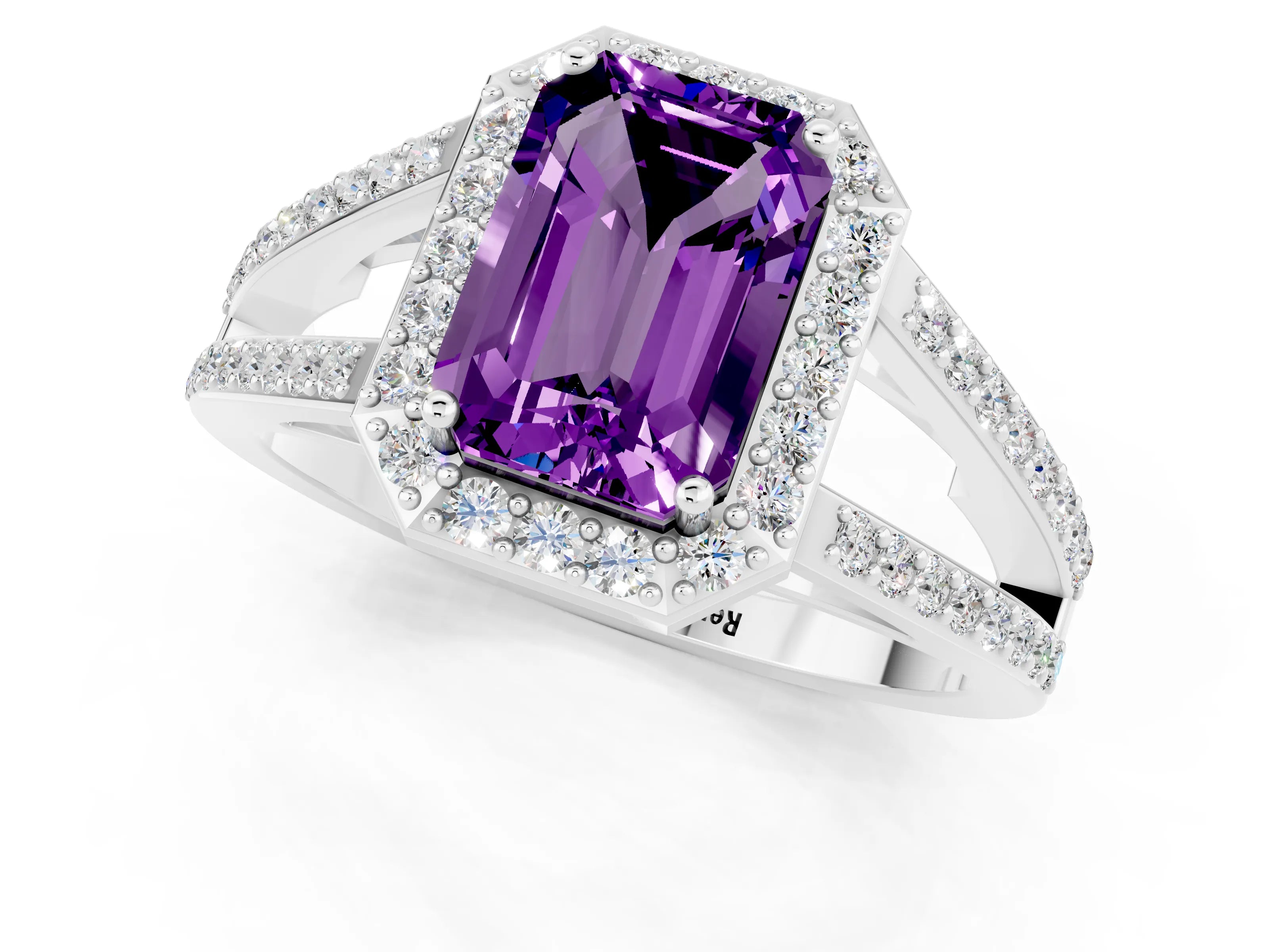 White gold Emerald Cut Amethyst Halo Ring with Split Shank U-Prong Band and Four-Prong Setting_1