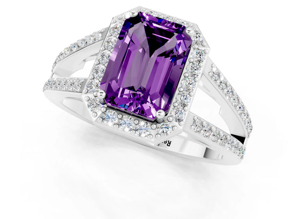 Platinum Emerald Cut Amethyst Halo Ring with Split Shank U-Prong Band and Four-Prong Setting
