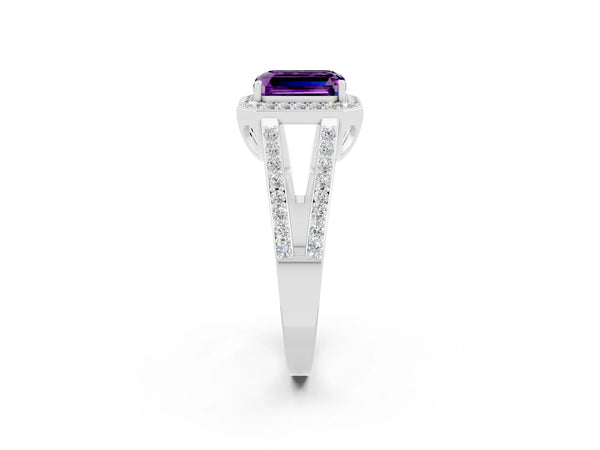 Platinum Emerald Cut Amethyst Halo Ring with Split Shank U-Prong Band and Four-Prong Setting