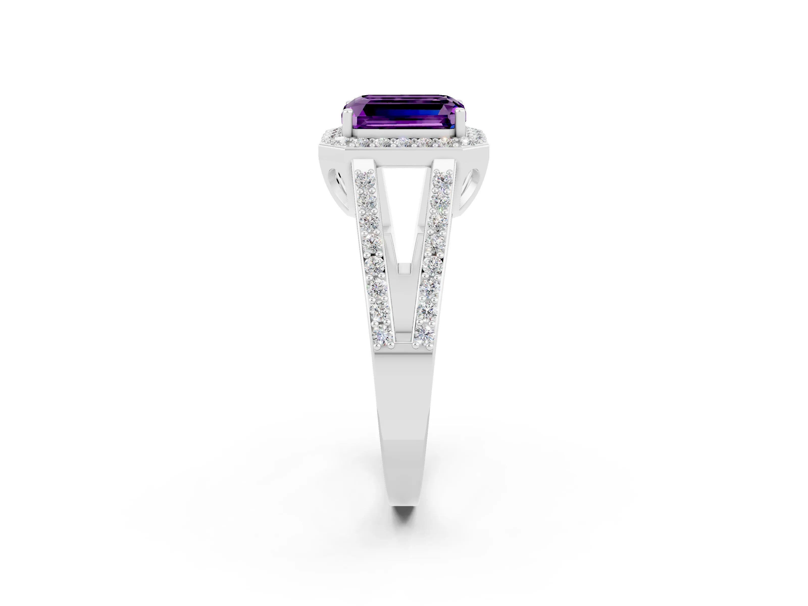 White gold Emerald Cut Amethyst Halo Ring with Split Shank U-Prong Band and Four-Prong Setting_2