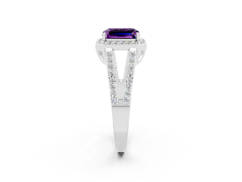 White gold Emerald Cut Amethyst Halo Ring with Split Shank U-Prong Band and Four-Prong Setting_2