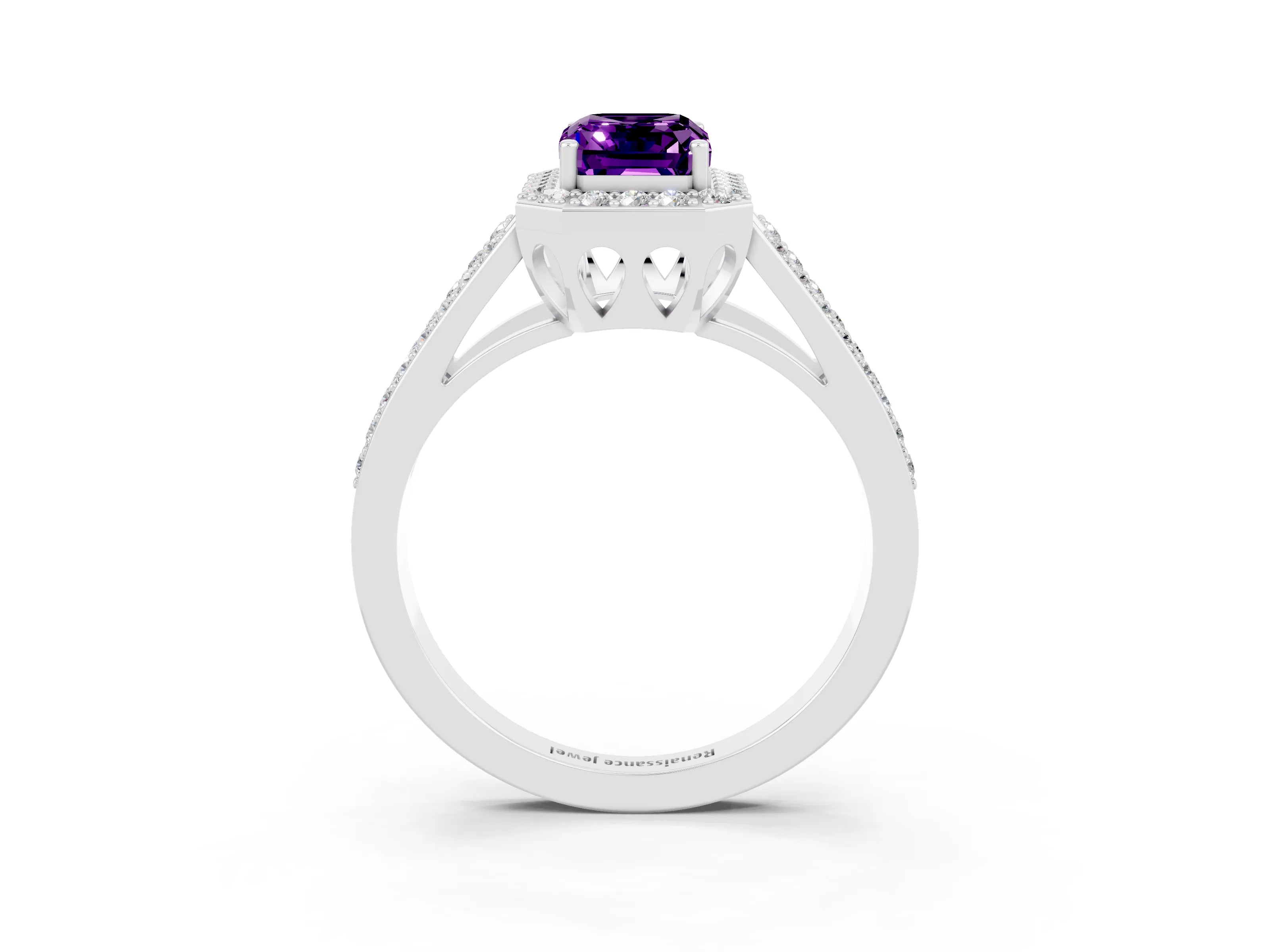 White gold Emerald Cut Amethyst Halo Ring with Split Shank U-Prong Band and Four-Prong Setting_3