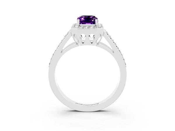 Silver Emerald Cut Amethyst Halo Ring with Split Shank U-Prong Band and Four-Prong Setting