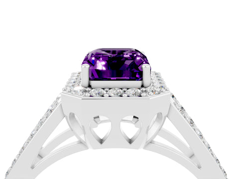 White gold Emerald Cut Amethyst Halo Ring with Split Shank U-Prong Band and Four-Prong Setting_4