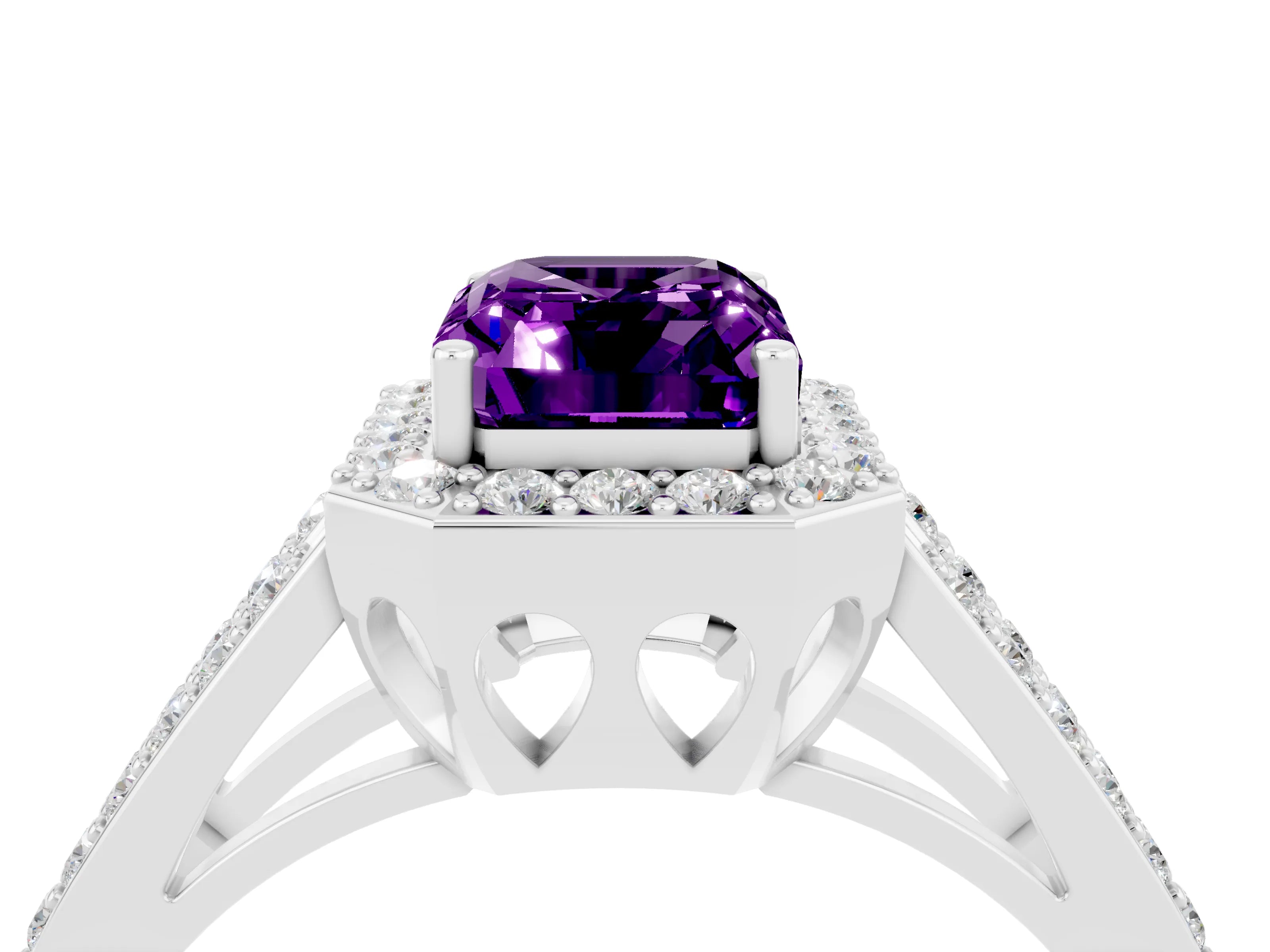White gold Emerald Cut Amethyst Halo Ring with Split Shank U-Prong Band and Four-Prong Setting_4