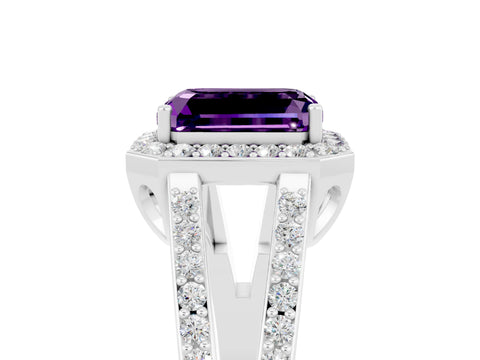 White gold Emerald Cut Amethyst Halo Ring with Split Shank U-Prong Band and Four-Prong Setting_5