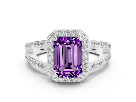 White gold Emerald Cut Amethyst Halo Ring with Split Shank U-Prong Band and Four-Prong Setting