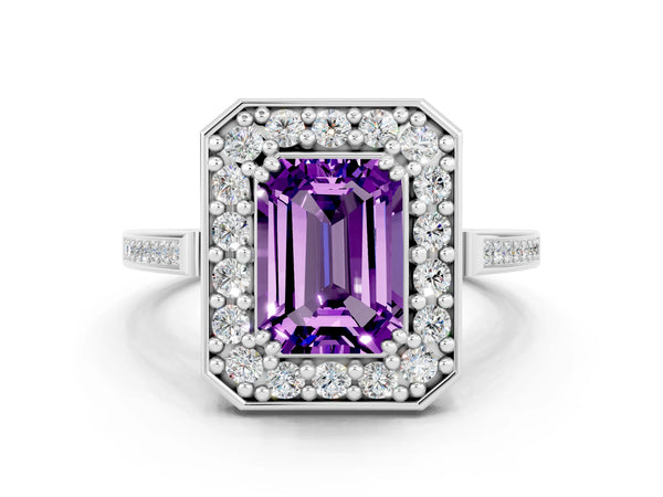 Platinum Emerald Cut Amethyst Halo Ring with Split Shank and Four-Prong Setting
