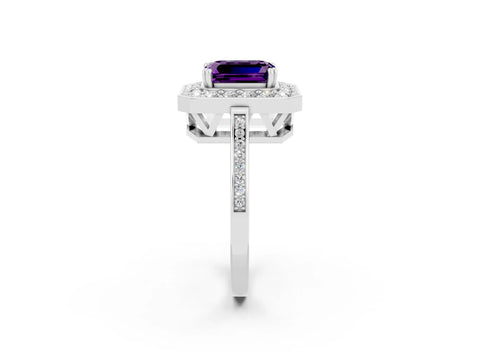 White gold Emerald Cut Amethyst Halo Ring with Split Shank and Four-Prong Setting_14