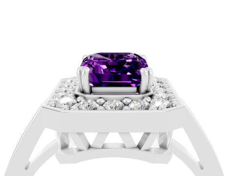 White gold Emerald Cut Amethyst Halo Ring with Split Shank and Four-Prong Setting_16