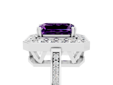 White gold Emerald Cut Amethyst Halo Ring with Split Shank and Four-Prong Setting_17