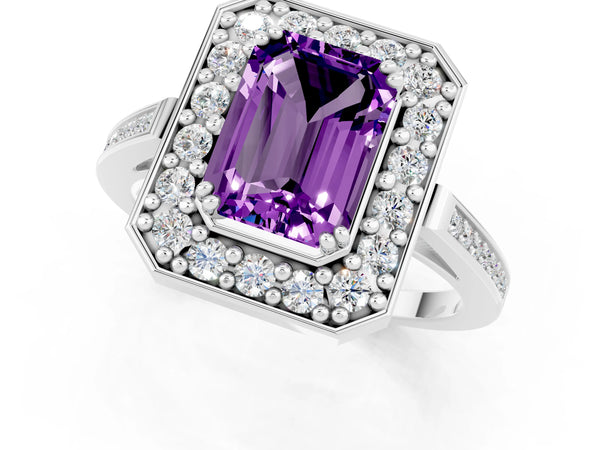Silver Emerald Cut Amethyst Halo Ring with Split Shank and Four-Prong Setting