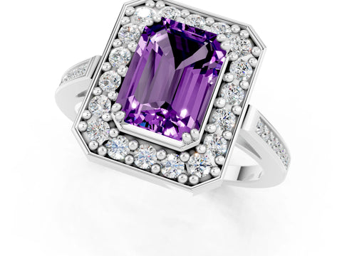 White gold Emerald Cut Amethyst Halo Ring with Split Shank and Four-Prong Setting_1