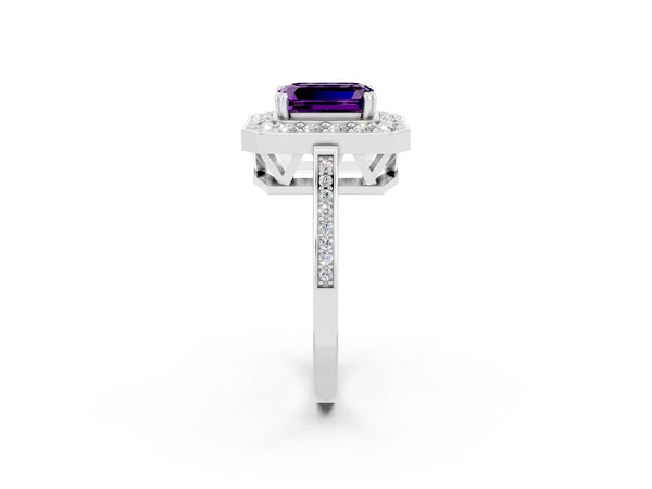 Platinum Emerald Cut Amethyst Halo Ring with Split Shank and Four-Prong Setting