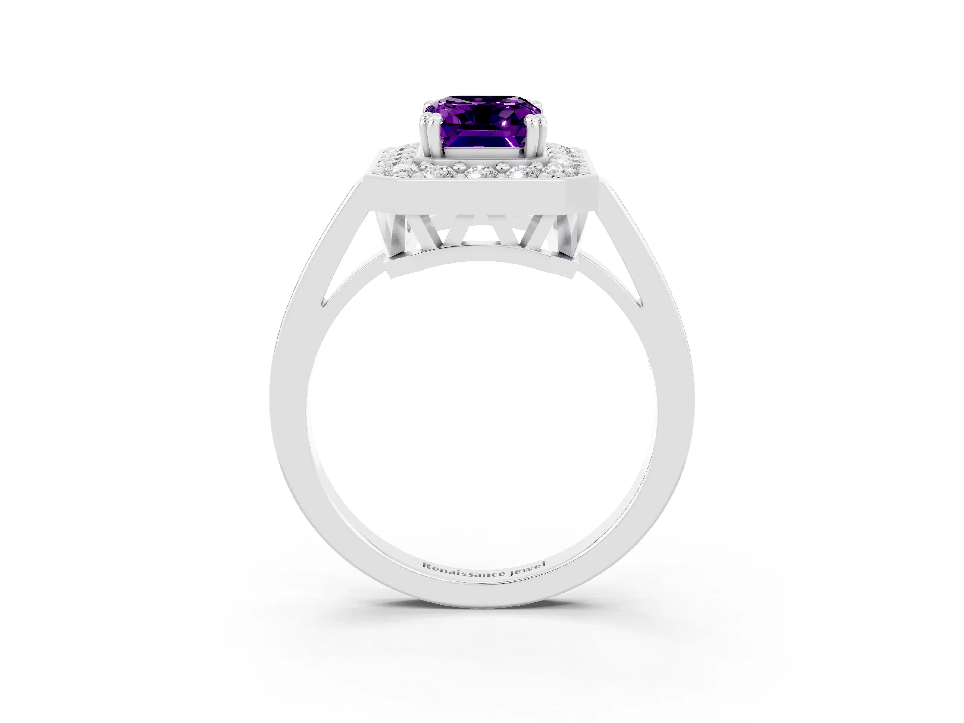 White gold Emerald Cut Amethyst Halo Ring with Split Shank and Four-Prong Setting_3