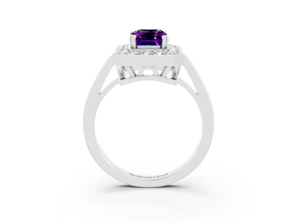 Platinum Emerald Cut Amethyst Halo Ring with Split Shank and Four-Prong Setting