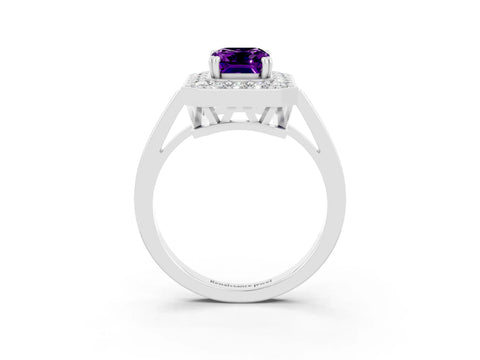 White gold Emerald Cut Amethyst Halo Ring with Split Shank and Four-Prong Setting_3