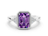 White gold Emerald Cut Amethyst Halo Ring with Tapered Band and Four-Prong Setting