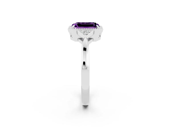 Platinum Emerald Cut Amethyst Halo Ring with Tapered Band and Four-Prong Setting