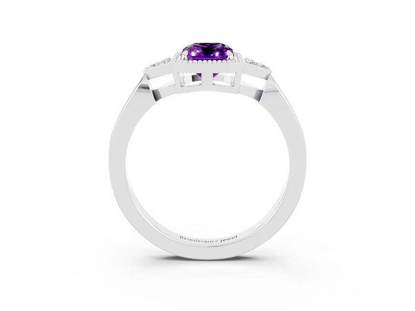 Platinum Emerald Cut Amethyst Halo Ring with Tapered Band and Four-Prong Setting