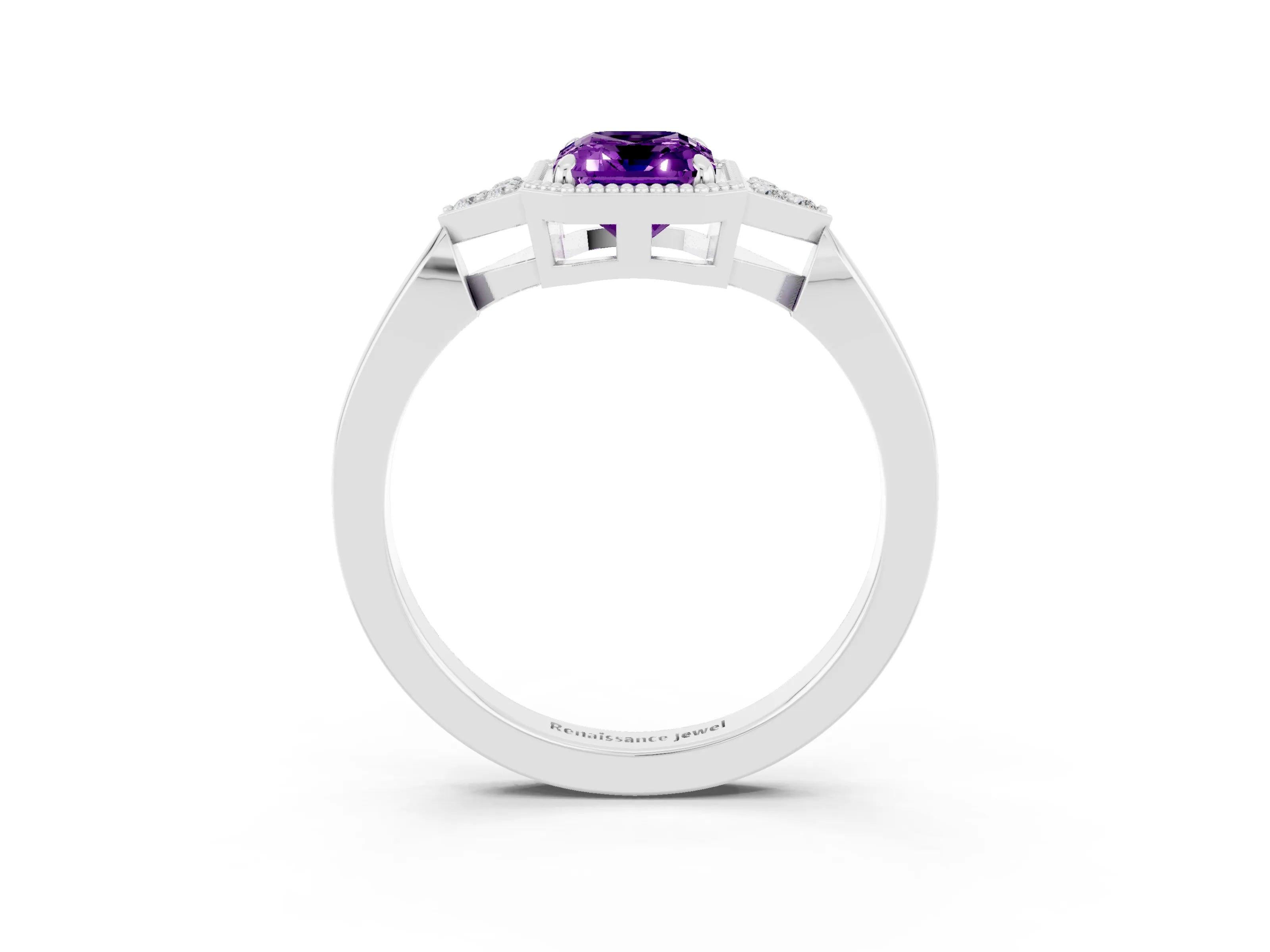 White gold Emerald Cut Amethyst Halo Ring with Tapered Band and Four-Prong Setting_3