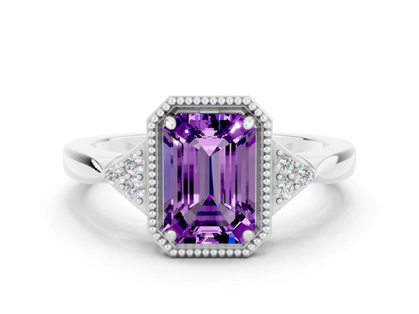 White gold Emerald Cut Amethyst Halo Ring with Tapered Band and Four-Prong Setting