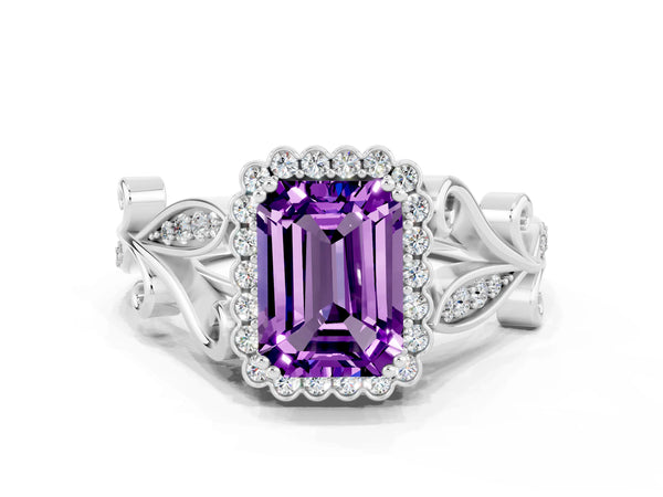 Silver Emerald Cut Amethyst Halo Ring with Vintage Split Shank and Four-Prong Setting