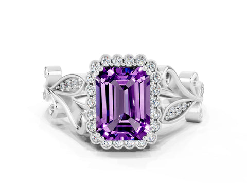 White gold Emerald Cut Amethyst Halo Ring with Vintage Split Shank and Four-Prong Setting_24