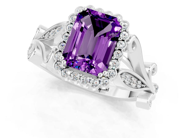 Platinum Emerald Cut Amethyst Halo Ring with Vintage Split Shank and Four-Prong Setting