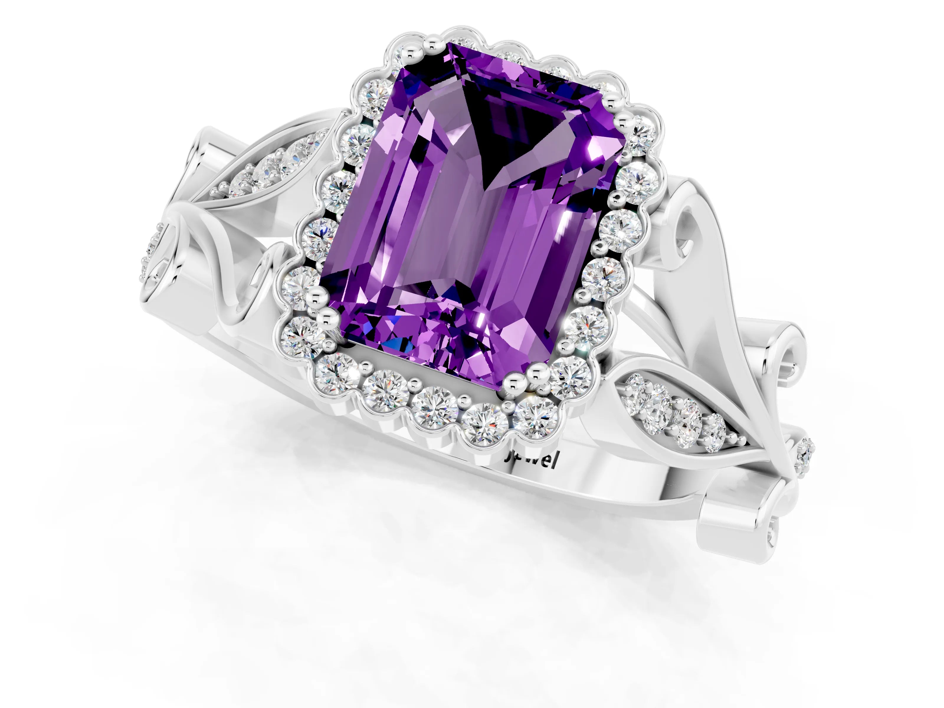 White gold Emerald Cut Amethyst Halo Ring with Vintage Split Shank and Four-Prong Setting_25