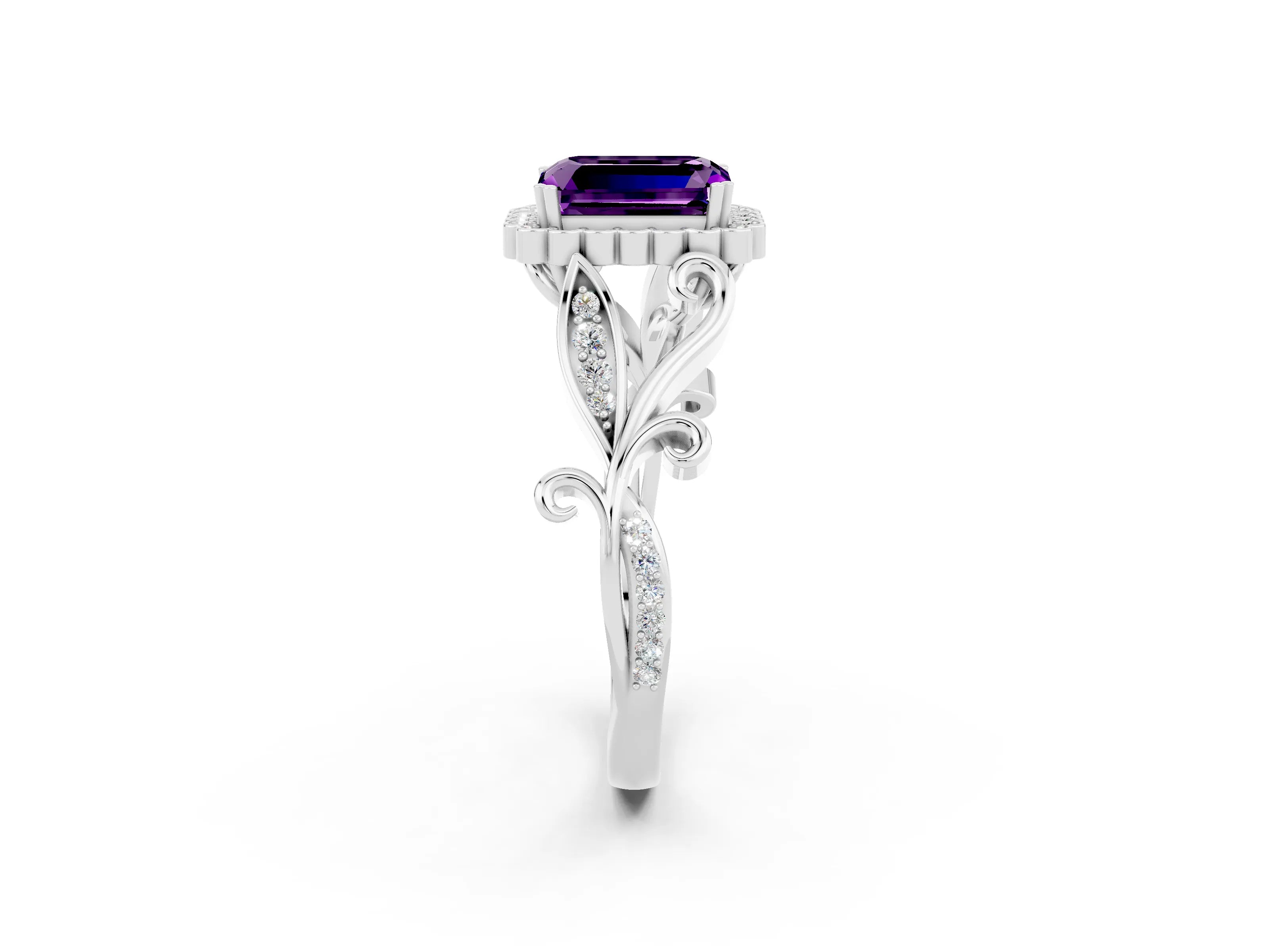 White gold Emerald Cut Amethyst Halo Ring with Vintage Split Shank and Four-Prong Setting_26
