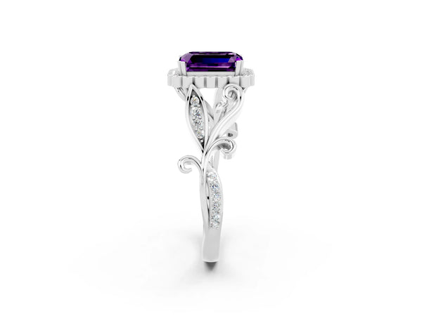 Platinum Emerald Cut Amethyst Halo Ring with Vintage Split Shank and Four-Prong Setting