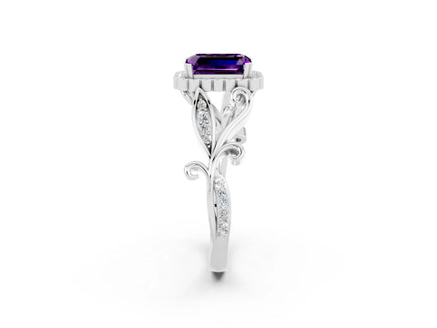 White gold Emerald Cut Amethyst Halo Ring with Vintage Split Shank and Four-Prong Setting_26