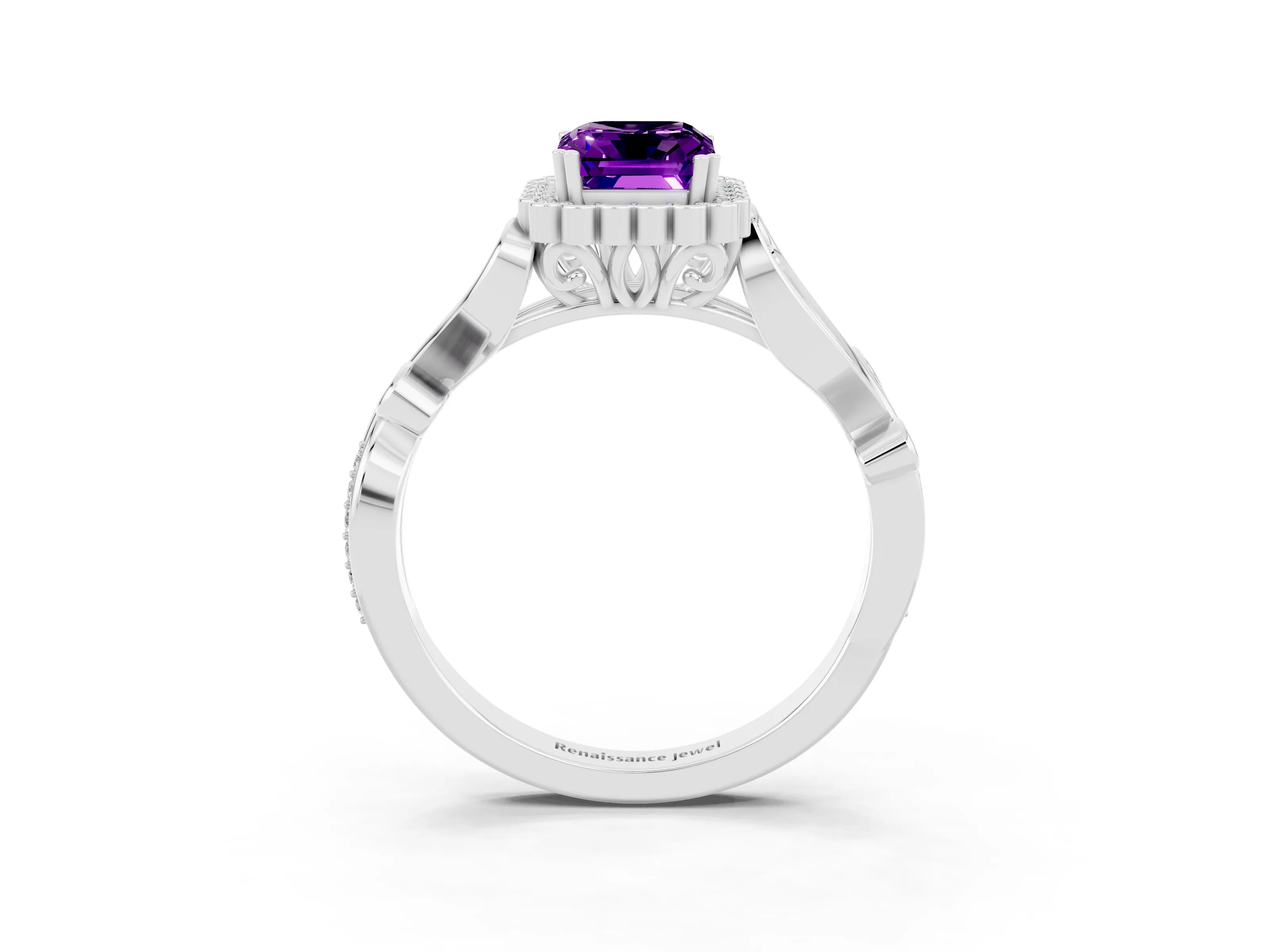 White gold Emerald Cut Amethyst Halo Ring with Vintage Split Shank and Four-Prong Setting_27