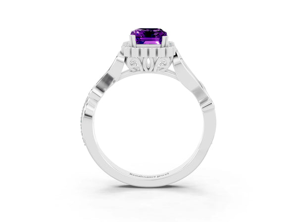 Platinum Emerald Cut Amethyst Halo Ring with Vintage Split Shank and Four-Prong Setting