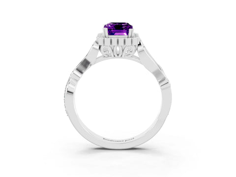 White gold Emerald Cut Amethyst Halo Ring with Vintage Split Shank and Four-Prong Setting_27