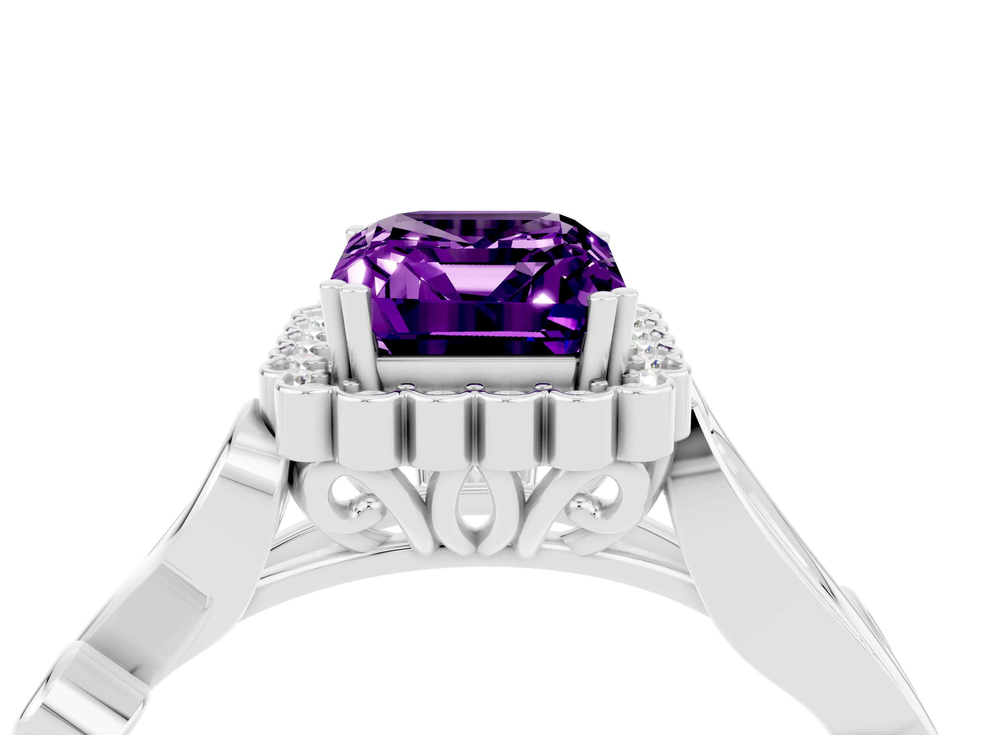White gold Emerald Cut Amethyst Halo Ring with Vintage Split Shank and Four-Prong Setting_28