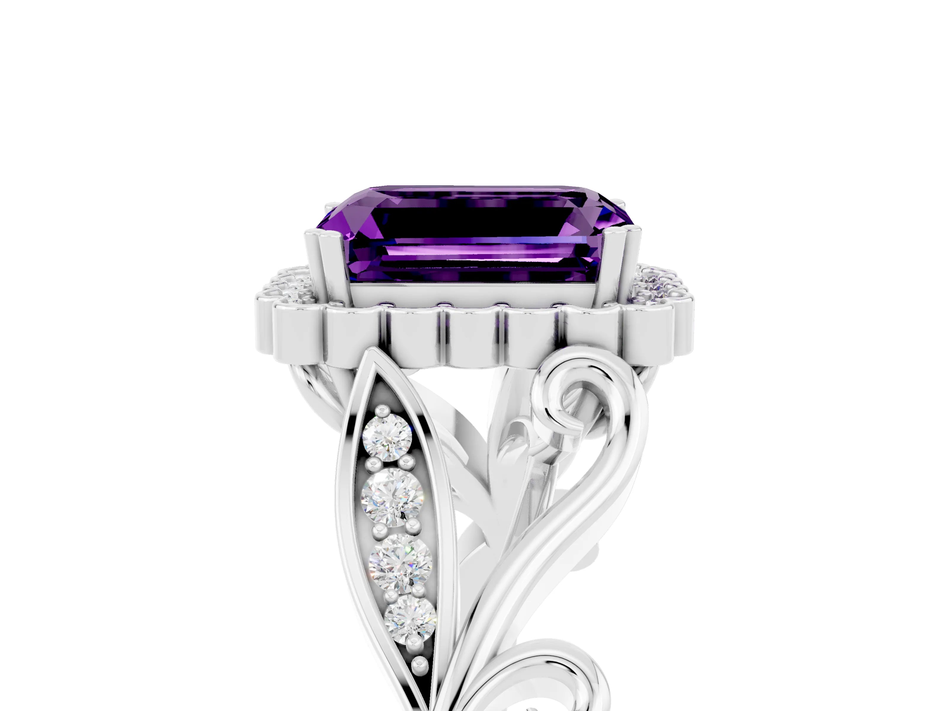 White gold Emerald Cut Amethyst Halo Ring with Vintage Split Shank and Four-Prong Setting_29