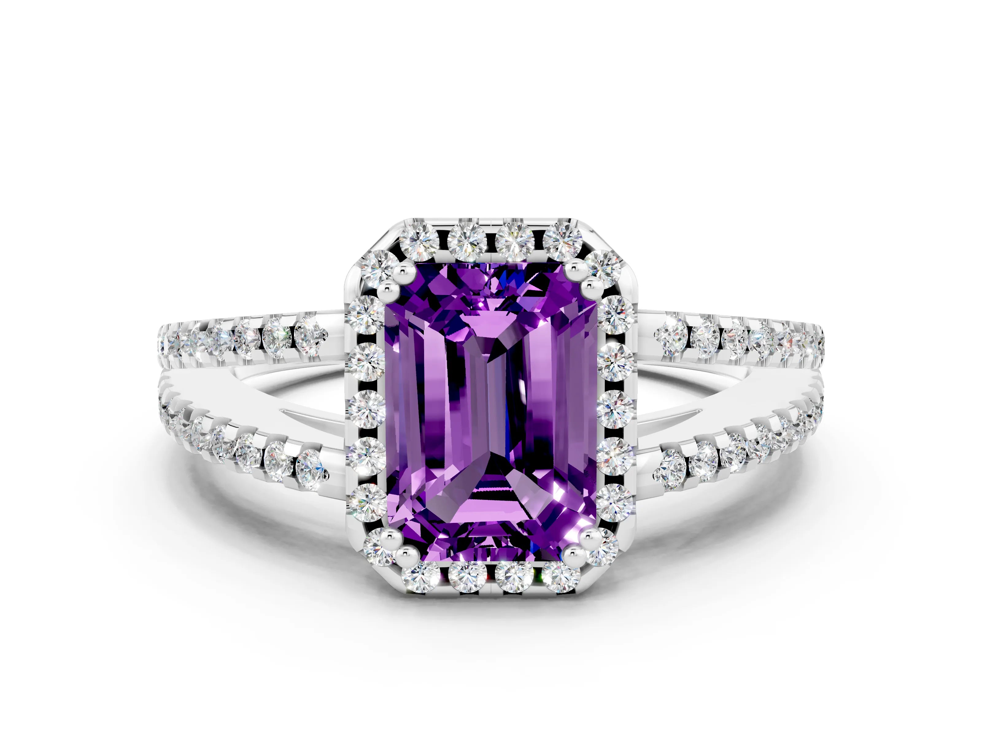 White gold Emerald Cut Amethyst Halo Split Shank Engagement Ring_12