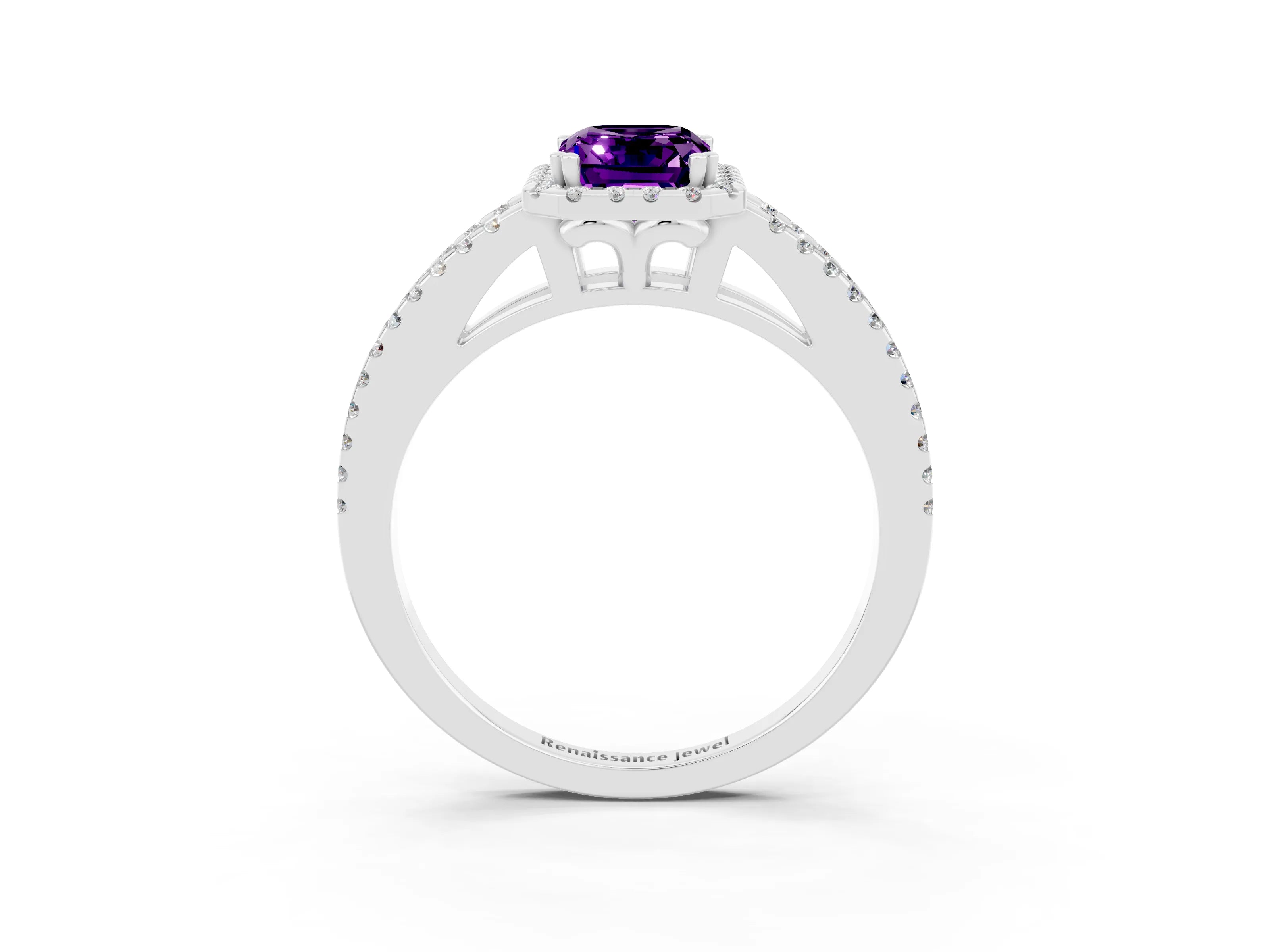 White gold Emerald Cut Amethyst Halo Split Shank Engagement Ring_15