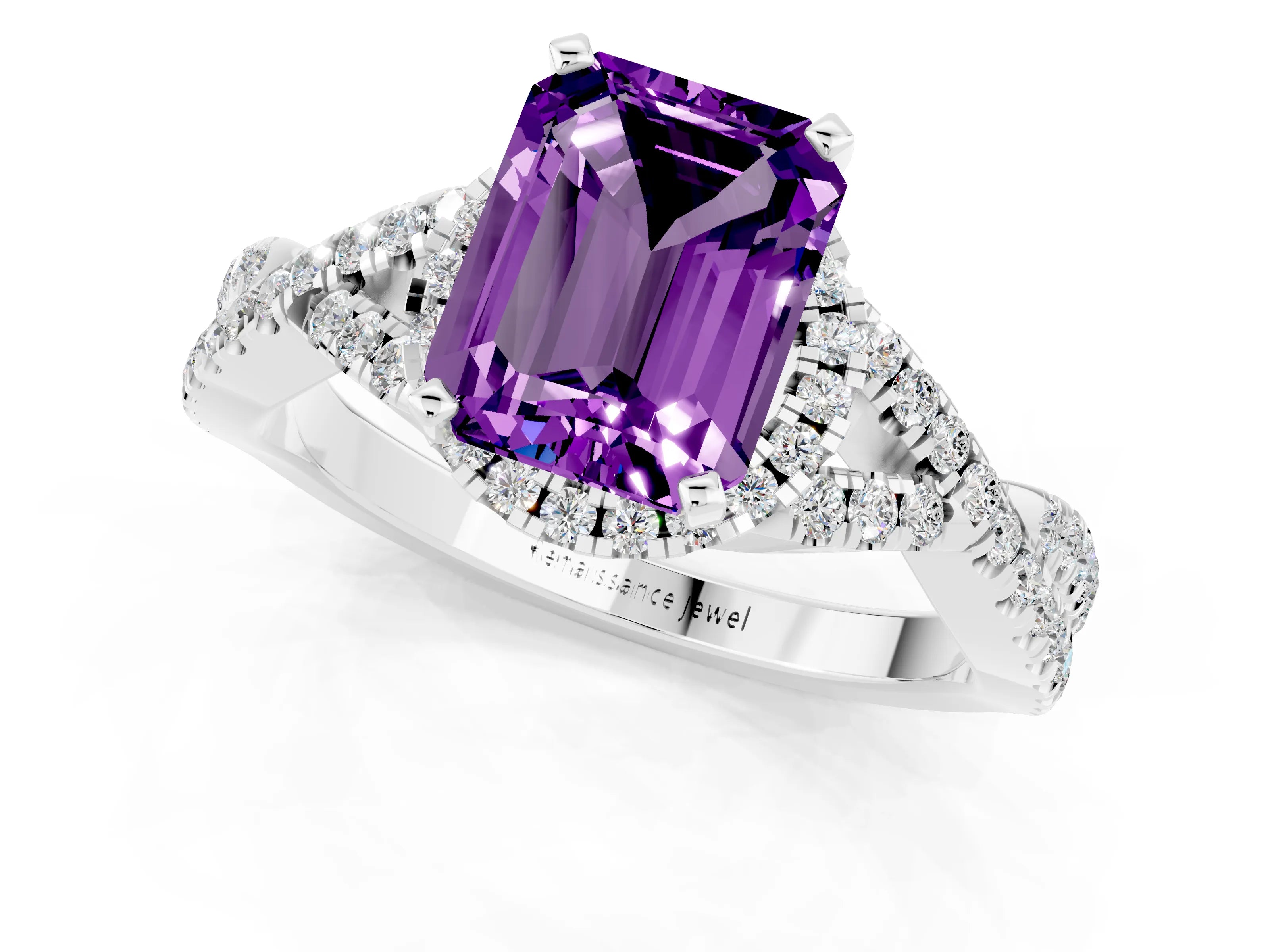 White gold Emerald Cut Amethyst Halo Twist Band Solitaire Prong Setting Ring_1