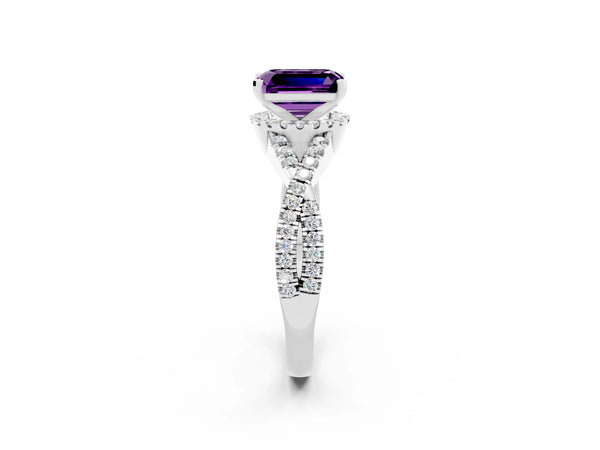 White gold Emerald Cut Amethyst  Halo Twist Band Solitaire Prong Setting Ring