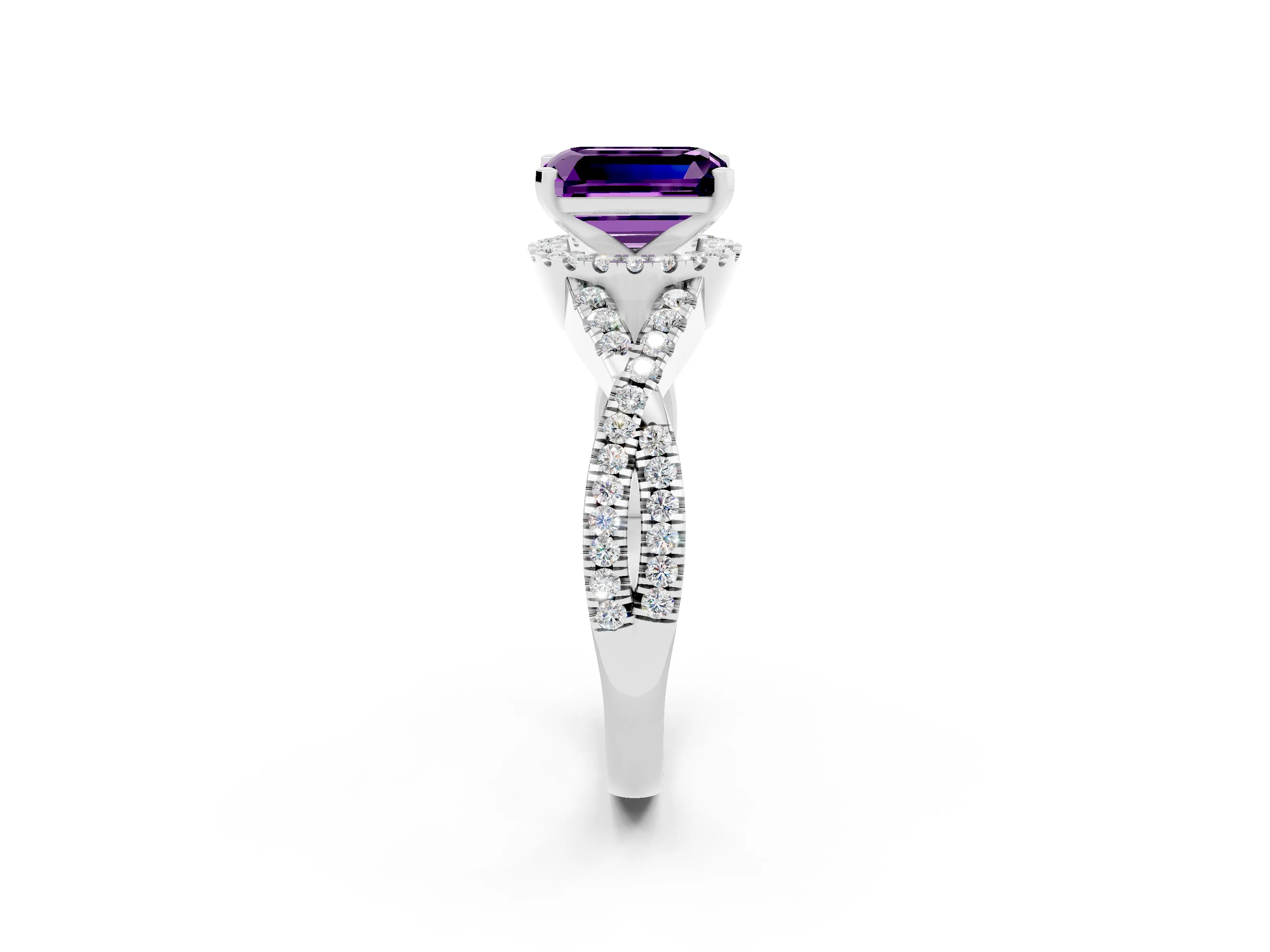 White gold Emerald Cut Amethyst Halo Twist Band Solitaire Prong Setting Ring_2