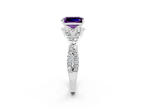 White gold Emerald Cut Amethyst Halo Twist Band Solitaire Prong Setting Ring_2