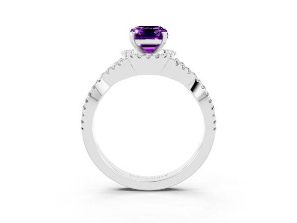 Platinum Emerald Cut Amethyst  Halo Twist Band Solitaire Prong Setting Ring