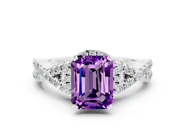 White gold Emerald Cut Amethyst  Halo Twist Band Solitaire Prong Setting Ring