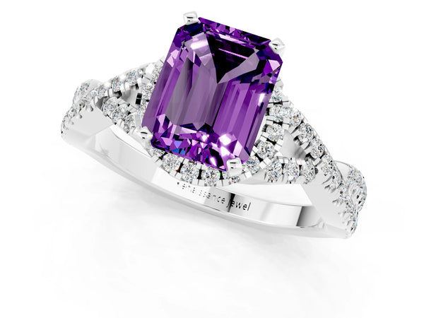White gold Emerald Cut Amethyst  Halo Twist Band Solitaire Prong Setting Ring